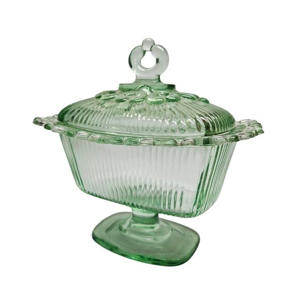 Vintage Green INDIANA Pressed Glass Diamond Point Footed Candy Dish With Lid - Picture 1 of 6